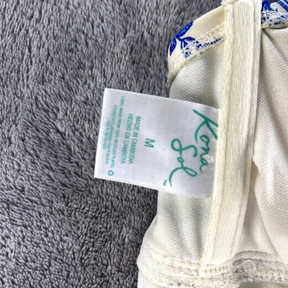 One Piece Swimsuit M Blue Cream Toile Floral Tie Strap Coastal Botanical Toile